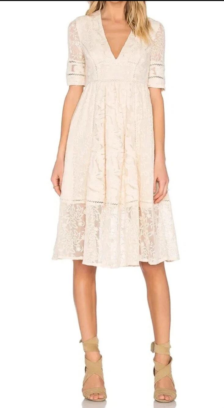 Free People Mountain Laurel ivory crocheted lace midi dress Size 0 Boho Romantic